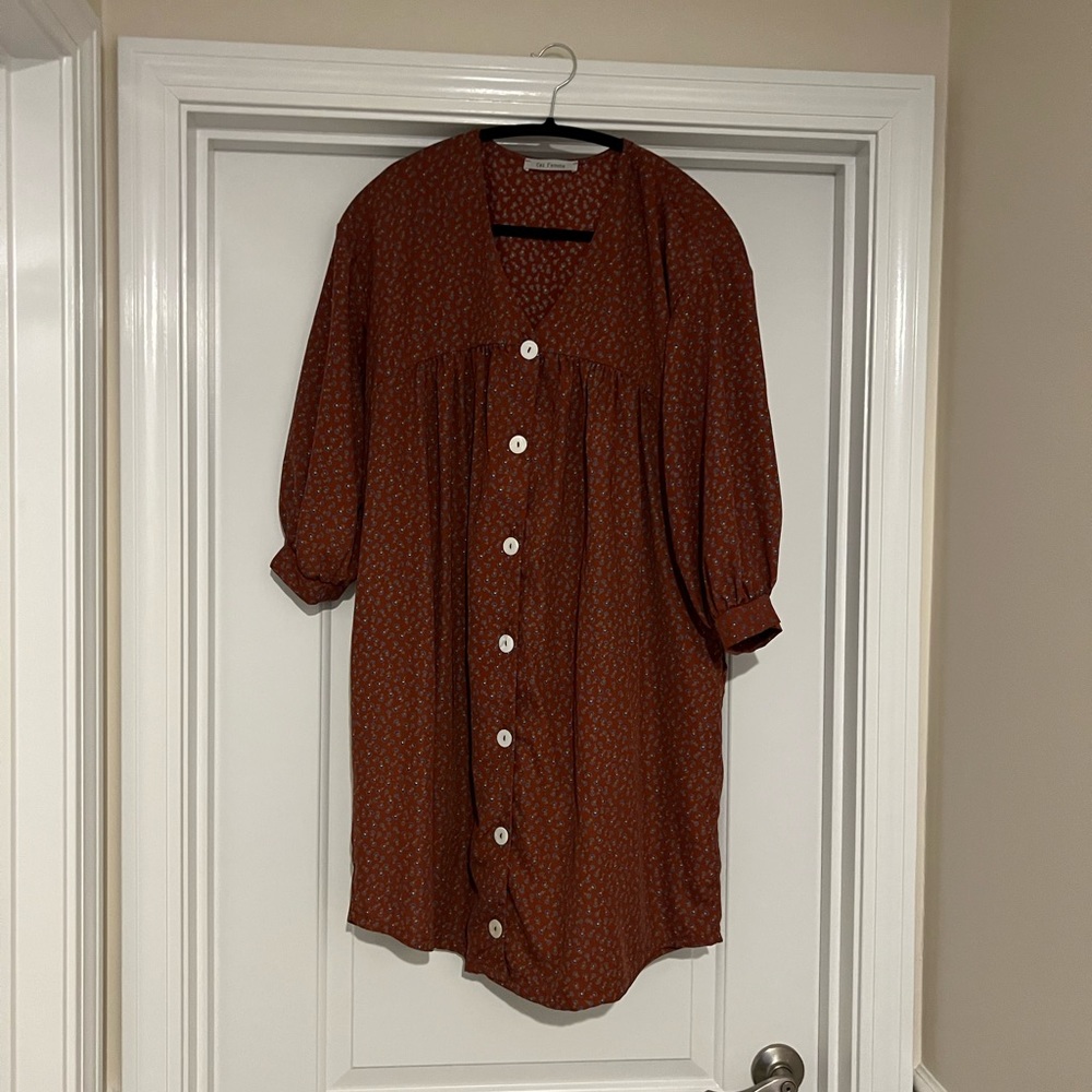 Rust color dress with small blue flowers.